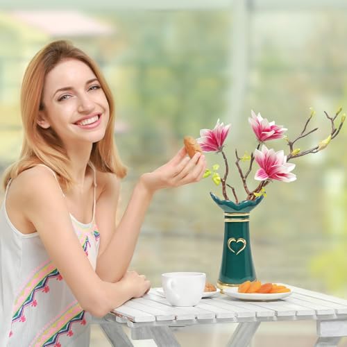 LoveLin Artificial Flowers Pink with Ceramic Vase - Ready-to-Display Home Decor Indoor for Living Room, Dining Table, Office, Wedding & Housewarming, Magnolia Flower & Green Vase - color: Pink/Green