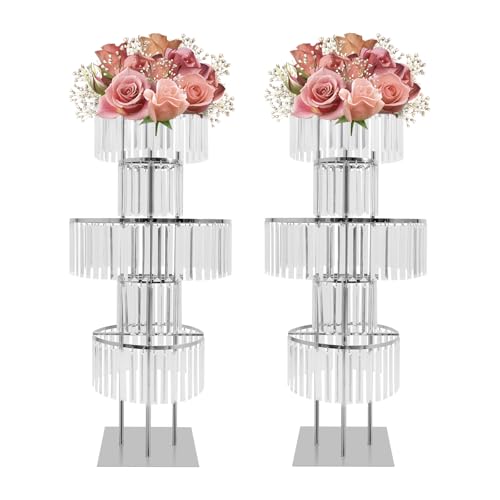 2Pcs 5 Tiers Wedding Centerpieces Vase, 43.3" Tall Wedding Centerpieces Crystal Flower Stand, 5-Tier Crystal Vase with 11.81" Square Base for Party Event Home Decoration (Silver) - color: Silver+square Base