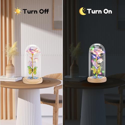 Otlonpe Preserved Artificial Rose Flower Lamp, Forever Women Gifts for Birthday Christmas Valentines Mothers Day, 7.7'' Glass Rose Wood Base Butterfly, Gifts for Mom Grandma Daughter Wife Girlfriend - color: Wood Colorful