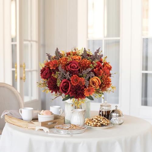 Dremisland Artificial Flowers Like Real Artificial Bouquet 2 Packs Silk Artificial Roses Bouquet with Daisy Chrysanthemum Orange Red Flowers for Centerpiece Table Wedding Party Home Decor - color: Orange&red, size: 2PCS