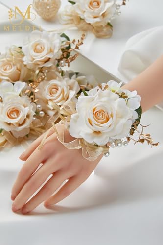 Champagne Rose Women Corsage and Men Boutonniere Set for Dance Party | Groomsmen and Groom Boutonniere for Wedding, Prom, Homecoming, Wrist Corsages for Mother of Bride, Bridesmaids, Girls - color: Champagne-b 1 Wrist Corsage&1 Boutonniere