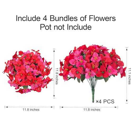 INSPRING Faux Bougainvillea Artificial Flowers for Outdoors, 4 Bundles Fake Bougainvillea Realistic Silk Flowers for Outside UV Resistant Outdoor Plants for Porch Patio Window Box Garden Home Decor - color: Redpink