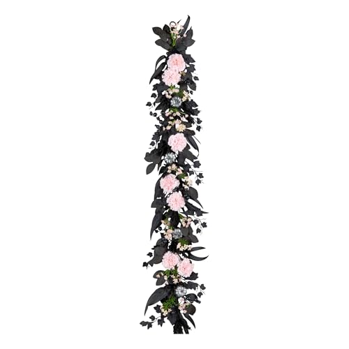 National Tree Company Artificial Pretty Morbid Pink Carnation Halloween Garland, Black, Silver Pumpkins, 6 Feet