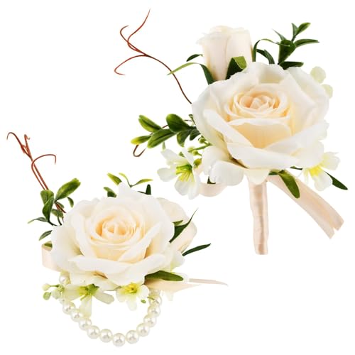 Artificial Rose Corsage & Wrist Corsage Set, Rose Wrist Flower Wristlet Bracelet Groom Best Man Boutonniere, for Prom Suit Decorations Wedding Party Flower Accessories(Color:Beige) - color: Beige