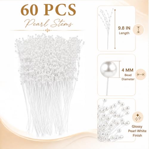60 Pieces Pearl Stick Stems Bouquets, 4mm Bead String Garland Beaded Spray Filler Floral Arrangements Tree Picks Wedding Party Decoration, Mother's Day Flower Decor, Christmas Tree Picks (White) - color: White