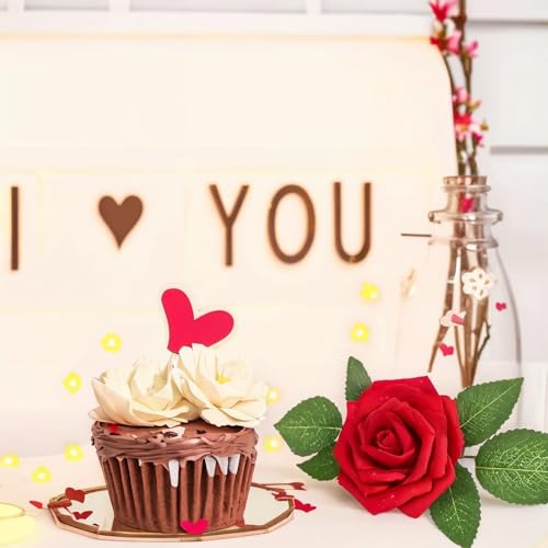 NONMON 100pcs Artificial Flowers Dark Red Rose Real Looking Fake Foam Roses with Stem for Valentine's Day DIY Wedding Bouquets Bridal Shower Centerpieces Arrangements Party Home Decorations - color: Red