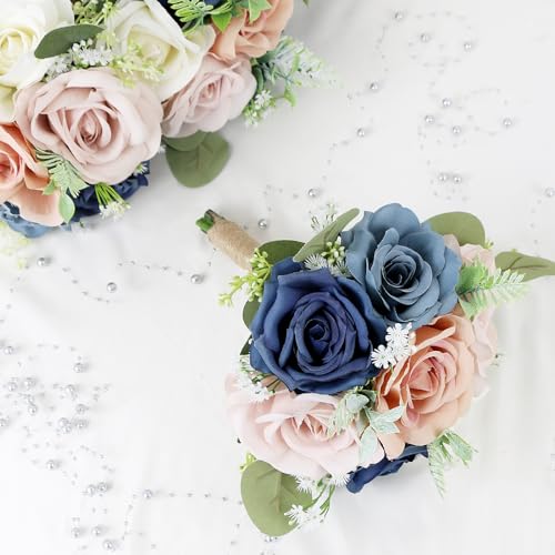 Set of 6 Bridesmaid Bouquets for Wedding - 7 Inch Artificial Flowers Bouquets for Ceremony Anniversary Centerpieces Decorations - Navy & Dusty - color: Navy & Dusty, size: Set of 6 Bridesmaid Bouquets