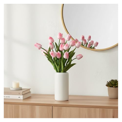 18pcs Artificial Tulips 13" PU Artificial Flowers for Family Friends Gifts DIY Flower Arrangement Home Kitchen Office Party Wedding Dining Table Decoration, Light Pink - color: Light Pink