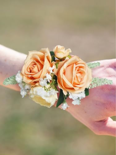 Rinlong 2Pcs Peach Champagne Wrist Corsage for Wedding, Prom, Homecoming | Bridesmaid, Mother of the Bride Corsage - color: 24-coral
