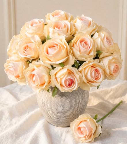 Ivydale 18pcs Champagne Roses Artificial Flowers, Fake Roses Silk Flowers with Stems Realistic Bouquet for Wedding Party Mother's Day DIY Centerpiece Floral Romantic Gifts - color: Rose-champagne
