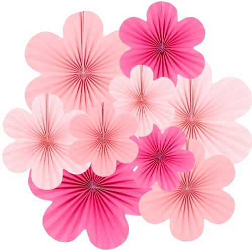 Easy Joy Hot Pink Paper Flowers Decorations for Wall Pink Paper Fans Classroom Decoration Paper Floral Backdrop Decor Paper Fans Decoration Hanging Paper Fans Pink Flower Wall Decor, Set of 9 - color: Flower-5