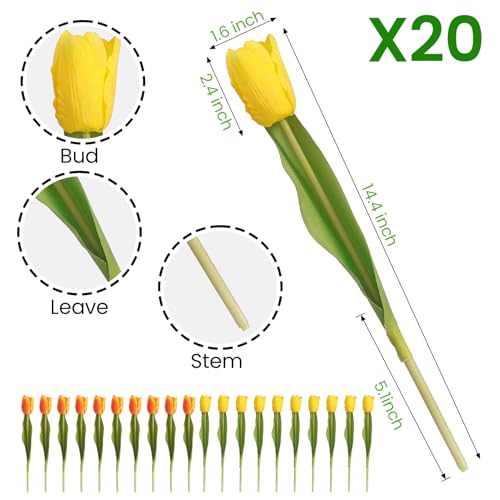 Artificial Tulips - 20 Stems Real Touch Realistic Fake Tulip Flowers Premium Silk Feel UV-Resistant Anti-Fade Waterproof Lifelike Tulips for Home Decor, Wedding Party DIY (Yellow & Orange) - color: Yellow & Orange