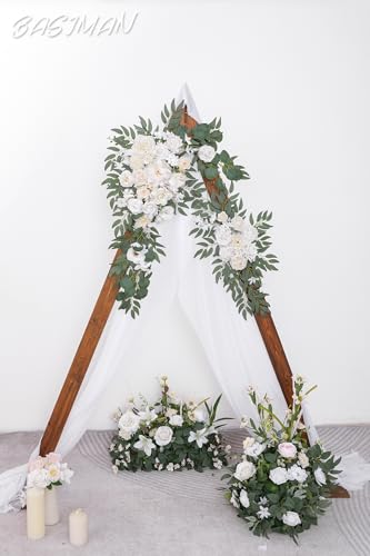 Arch Flowers with Drapes Kit (Pack of 3) for Wedding Ceremony Arbor and Reception Backdrop Decoration Wedding Welcome Signs Floral Birthday Party Decoration - color: White & Beige