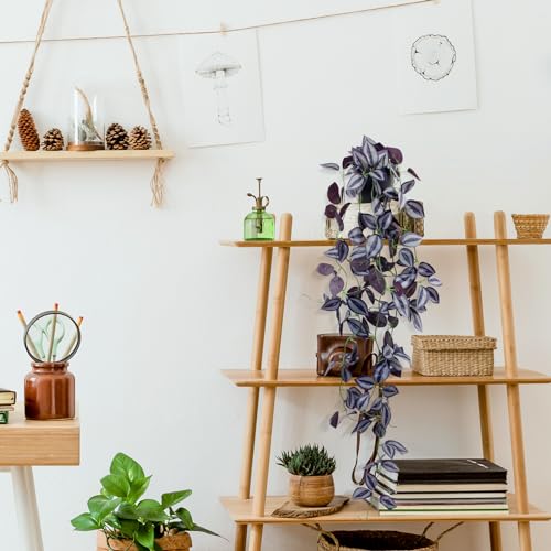 LOYWREE 3Pack Small Fake Hanging Purple Plant Artificial Potted Plants Indoor 39-in Long Faux Dark Black Vine Plant for Shelf Home Office and Outdoor Garden Decor (Black Pot) - color: Eyebrow, size: 3Pack