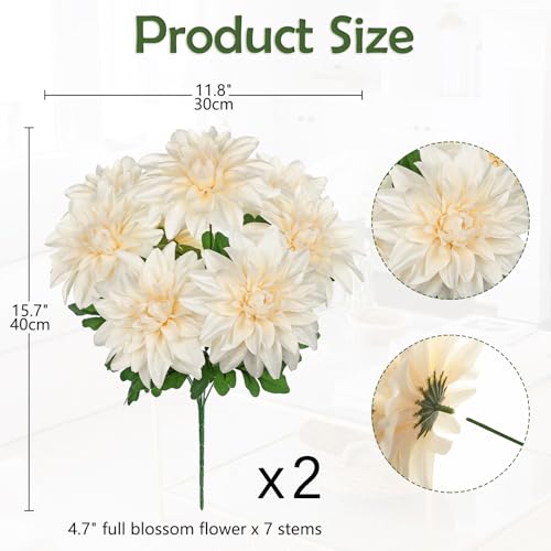 Hollyone 2Pcs White Artificial Dahlia Flowers Bush 7 Heads Silk Fake Dahlias Flowers with Stems Wedding Bouquets Faux Dahlia Flower Floral Arrangements for Outdoor Indoor Table Centerpieces Home Decor - color: 2pcs - White