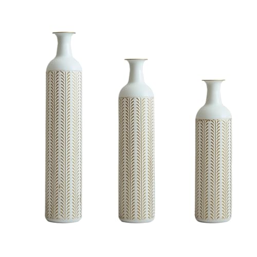 Metal Floor Vases Decorative, Set of 3 Flower Arrangement Stand, Tall Gold＆White Metal Floor Vases for Living Room, Bedroom & Entryway, 33.4", 28.74", 24.1" H (White＆Gold) - color: White＆gold