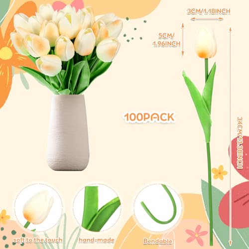 Jexine 100 Pcs Artificial Real Tulips Fake Artificial Tulip Flower Bulk Bouquet with Stem for Table Centerpieces Wedding Bridal Easter Mother's Day Garden Home Decor, 13.4''(Light Champagne) - color: Light Champagne