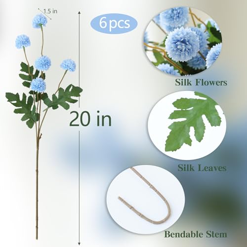 mizii 6Pcs Blue Fake Silk Pompon Mum Artificial Flowers Bulk Small Faux Chrysanthemums with Stems Realistic Floral Decorations for Wedding DIY Bouquet Centerpieces Shower Vase Home Decor (Light Blue) - color: Light Blue