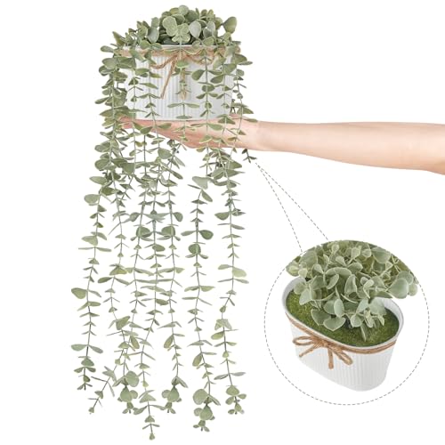 Mkono Fake Hanging Plants in Farmhouse Galvanized Pots Rustic Faux Potted Eucalyptus Greenery Indoor Artificial Plants for Book Shelf Mantel Living Room Bathroom Bedroom Home Office Decor (1, White) - color: White