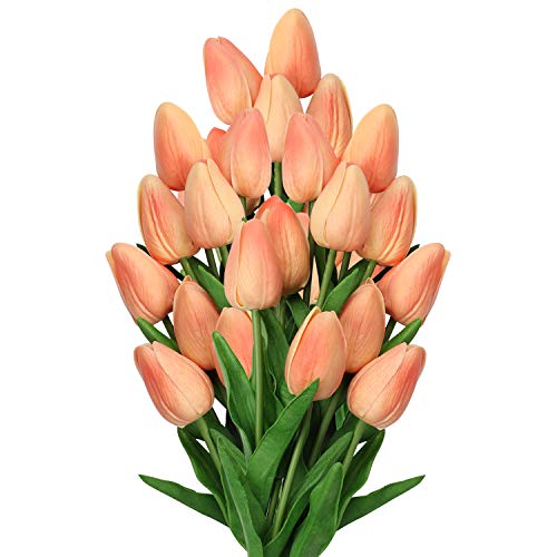 10 Pcs Peach Tulips Artificial Flowers Real Touch Fake Tulips Fake Flowers for Mother's Day 13.5" Faux Tulips Faux Flowers Bulk Artificial Tulips Flowers for Vase Centerpieces Home Wedding Bouquet - color: Peach #10