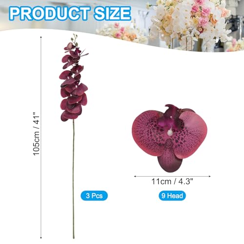PATIKIL Artificial Orchid Stems 41", 3 Pack 9 Heads Faux Phalaenopsis Flowers Real Touch Fake Orchid Flower Branch for Vase Home Wedding Decoration, Purple Red - color: Purple Red