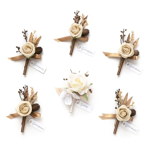 Ling's moment Boutonniere for Men, 6pcs Groom Groomsmen Boutonniere, Artificial Flowers for Wedding Decor/Prom/Homecoming, etc.Brown Beige White - color: Brn-brown Beige & White