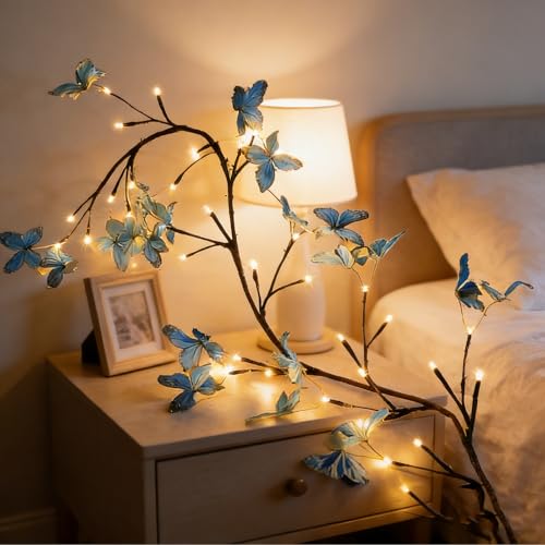 Blue Butterfly LED Tree Branch Lights for Wall, Butterfly Vine Lights for Bedroom with 96 LED Flower String Lights and USB Powered,8Lighting Modes for Indoor Window Wedding Decor (75 in) - size: 75in, style: Blue butterfly