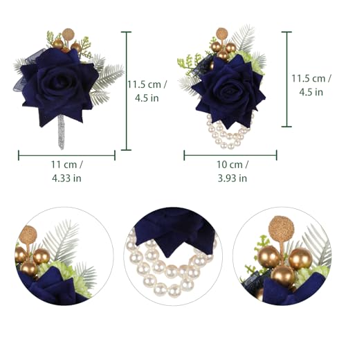 2Pcs Blue Corsage and Boutonniere Set, Artificial Rose Bridesmaid Bride Corsage and Groom Men Boutonniere Set for Prom Decor for Men Wedding Party Suit Decoration (Navy Blue) - color: Navy Blue