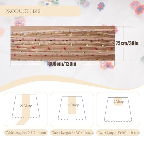 2PC Champagne Embroidery Daisy Table Runner 10ft 120 Inch Fall Florals Gauze Tulle Cheesecloth Holiday Kitchen Dining Table Decoration for Home Wedding Party Baby Shower Birthday Decorations - color: Champagne, size: 10ft x 2Pack