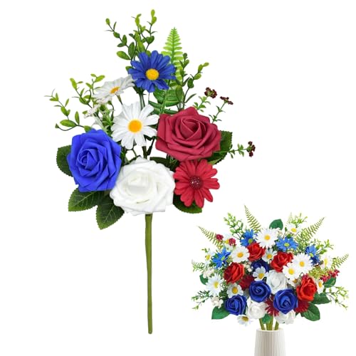 Patriotic Artificial Flower Bouquet Red White and Blue Roses and Daisies 4th of July Independence Day Memorial Day Table Centerpiece Holiday Party Art Decoration Supply