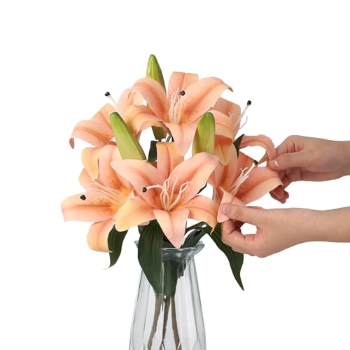 6 Pcs Artificial Lily Flowers with Glass Vase, 19.7" Faux Stargazer Lily Stems with 2 Blooms and 1 Bud Each, Faux Tiger Bouquets for Home, Hotel, Party Flower Arrangement Decor (Champagne) - color: Champagne, size: Lily