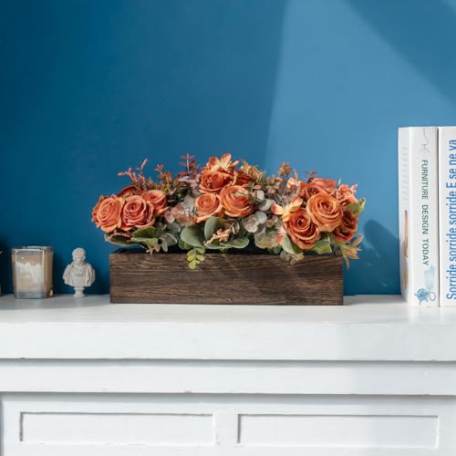 Dahey Centerpiece Table Decorations for Dining Room Farmhouse Living Room Fall Table Centerpieces Decor Wood Tray with 3 Artificial Flowers and 2 Eucalyptus for Kitchen Table, Orange - color: Orange