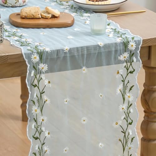 Artoid Mode Daisy Floral Sky Blue Shaped Gauze Embroidery Table Runner 120 Inch 10FT, Tulle Spring Summer Kitchen Dining Table Decor for Home Party - color: Sky Blue