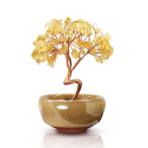 Mini Citrine Crystal Money Tree,Wealth Home Office Desk Decor,Handmade Copper Wire in Crackle Ceramic Base,Feng Shui Office Gift - color: 2-golden Hour