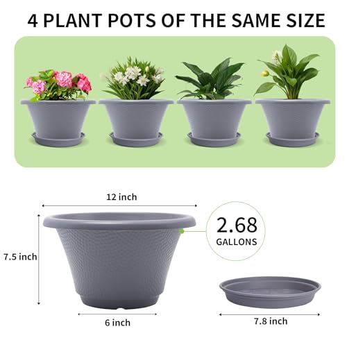 Quarut 12 Inch Large Planter Pot for Plants Indoor Outdoor, 4 Pack Plastic Flower Pots with Drainage Hole & Tray, Modern Decorative Garden Pot with Saucer, Plant Container for House Grey - color: Diamond Pattern-grey, size: 12 inch-4 Pack
