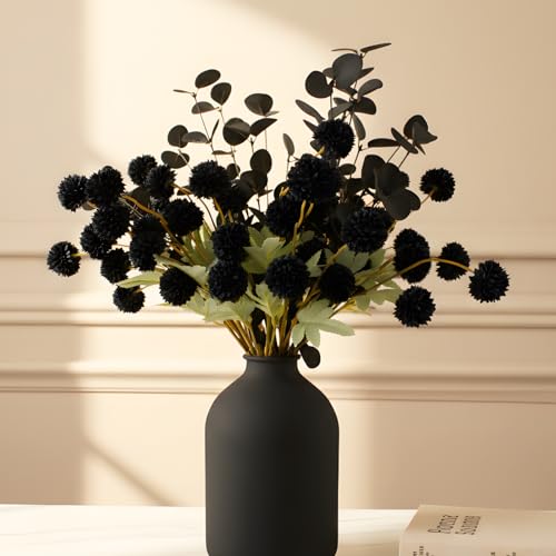 RyddeligHome Black Artificial Flowers for Centerpieces Bulk 10 Long Stems /50 Small Faux Silk Mum Balls + Black Eucalyptus Stems 2 Branches, Fall Boho Halloween Home Decor Indoor, Gothic Flowers - color: Black