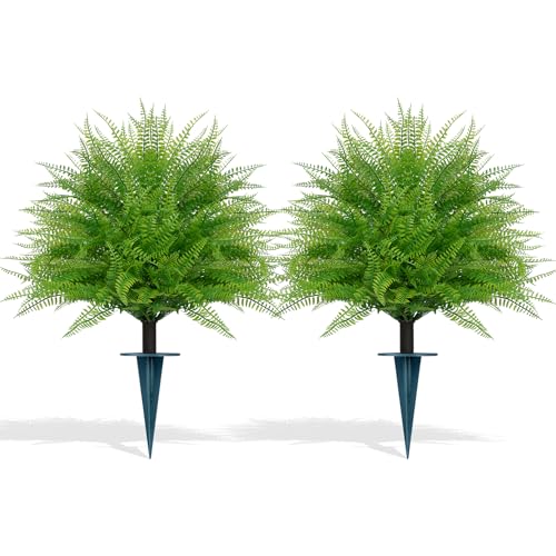 Grooy Artificial Fern Topiary Ball with Ground Spike, Set of 2 Faux Boston Fern Plants Shrub, Fake UV Resistant Evergreen Bushes for Porch Garden Indoor Outdoor Decor - color: Boston Fern