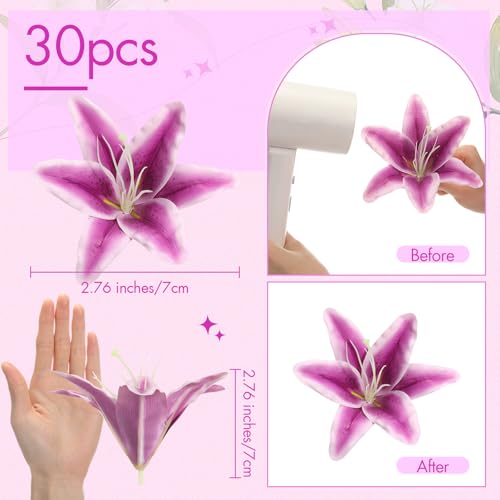 Suncalla 30 Pack Large Artificial Lilies Flower Heads with Realistic Stamens 5.9" Faux Fake Lily Flower Heads Bulk for DIY Crafts Cake Wedding Bridal Wreaths Table Home Party Decor(Purple) - color: Purple