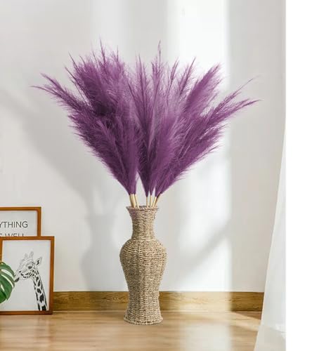 9 Pcs 45" Tall Pampas Grass Purple Decor, Long Stem Artificial Flower Floor Vase Large Faux Floral Pompas Fake Plants Dried Bouquet Arrangement Vase Filler for Boho Home Wedding Decoration - color: 9 Pcs 45" Purple Style