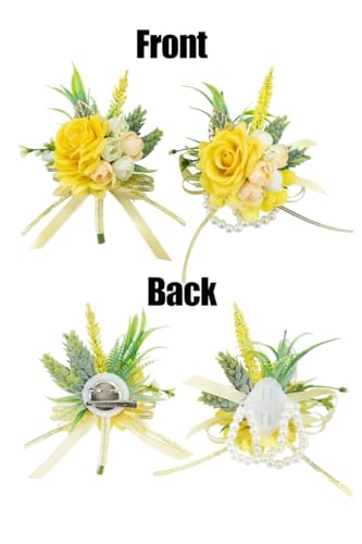 2 Pcs Wrist Corsage and Boutonniere Set, Yellow Corsage for Wedding, Boutonniere for Men Artificial Rose Flower Wristlet Bracelet Prom Ceremony Anniversary Accessories Decor Suit - color: Yellow