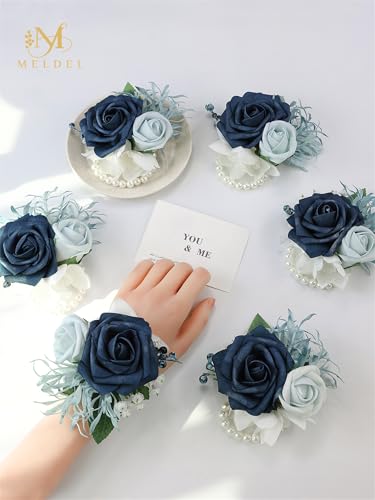 6Pcs Navy Blue Faux Foam Rose Women Wrist Corsages for Wedding Prom | Fake Foam Rose Corsages Wristlet for Wedding Prom Bride Bridesmaids Homecoming Party Ceremony Anniversary - color: Blue Wrist Corsage