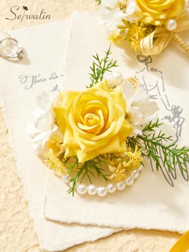 Serwalin 6 PCS Yellow Wrist Corsage for Wedding, Artificial Silk Rose Flower Corsage Wristlet Décor for Prom Homecoming Party, Prom Corsage for Bride Bridesmaids Mothers of the Bride and Groom - color: Yellow, size: Corsage 6pcs