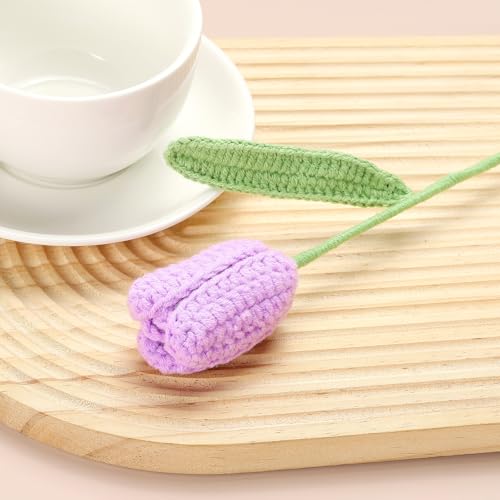 MECCANIXITY Tulip Crochet Flowers, Artificial Knitted Tulip Flower Completed Handmade Tulips Bouquet for Gift Home Birthday Wedding Decoration, Purple Pack of 10 - color: Purple