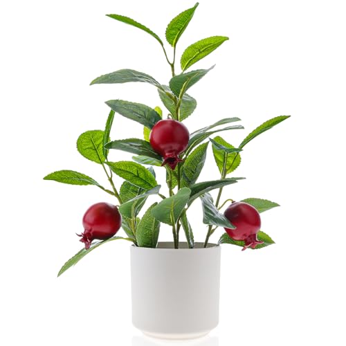 Woration Artificial Pomegranate Tree Greenery Faux Green Plant Fake Fruits Decoration Plastic Pots Realistic Leaves Indoor for Home House Office Table Garden 13.8inches - color: Artificial Pomegranate Plant Potted