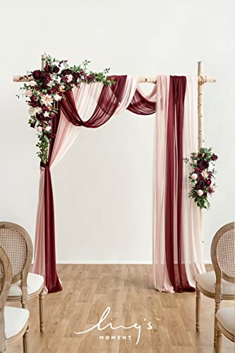 Ling's moment Deluxe Wedding Arch Flowers with Drapes Kit-Pack of 5, 2pcs Flower Arrangements 3pcs Hanging Sheer Drapes Pink Ceremony Arbor Red Backdrop Artificial Rose Floral Decorations - color: Red-marsala