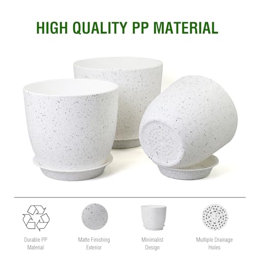 WSMKSZ 10/9/8 inch Medium Plant Pots, Set of 3 Modern Decorative Plastic Planters with Drainage Holes and Saucers for Garden House Plants, Flower Pots for Indoor Outdoor Plants, Speckled White - color: Speckled White, size: 10"+9"+8"