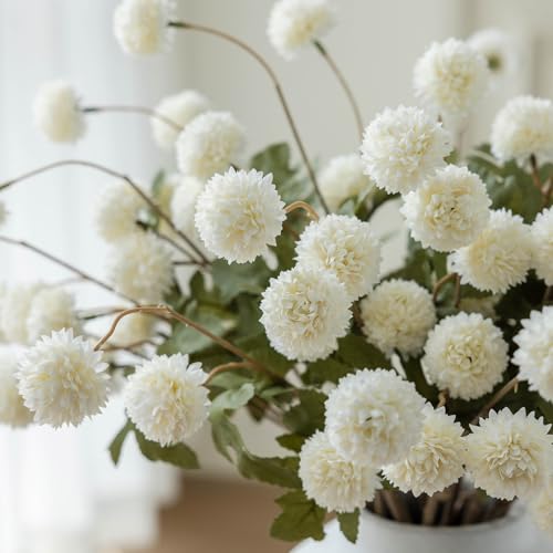 mizii 6Pcs White Fake Silk Pompon Mum Artificial Flowers Bulk Small Faux Chrysanthemums with Stems Realistic Floral Decorations for Wedding DIY Bouquet Centerpieces Shower Vase Home Decor (White) - color: White