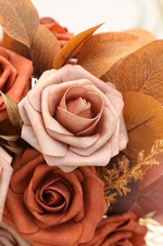 Floroom Artificial Flowers 25pcs Real Looking Burnt Orange & Warm Taupe Foam Fake Roses with Stems for DIY Wedding Bouquets Bridal Shower Centerpieces Floral Arrangements Party Tables Home Decorations - color: Burnt Orange & Warm Taupe, size: 25Pcs