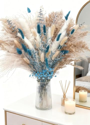 Blue Pampas Grass Bouquet – Blue Dried Baby's Breath, Pampas Grass and Eucalyptus Stems, Dried Flower Arrangements for Boho Decor, Rustic Flowers for Home Decor, Bedroom, and Wedding, Table Decor