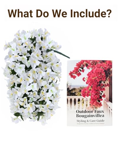 Artificial Flowers for Outdoors – 2 Bundles of UV-Resistant Artificial Bougainvillea, Realistic Silk Flowers for Front Porch, Patio, Garden, Window Boxes & Hanging Baskets (White, 2) - color: White, size: 2 Bundles